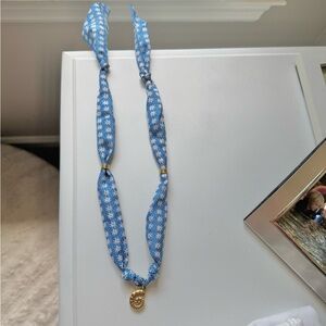 Blue Floral Fabric Necklace with Gold Charm
